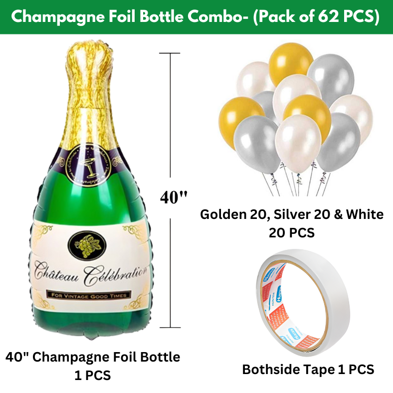 Champagne Bottle Foil Balloon Combo With Metallic Balloons & Both-Sided Tape – Ideal for Weddings, Birthdays, Bachelor Parties, and Events (Pack of 62 Pcs)