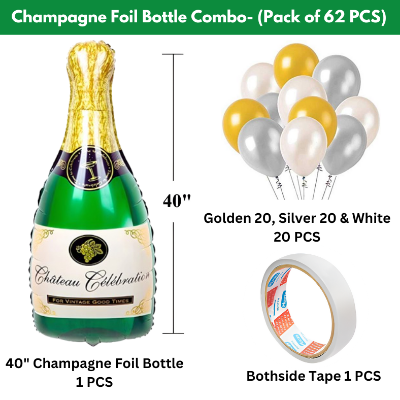 Champagne Bottle Foil Balloon Combo With Metallic Balloons & Both-Sided Tape – Ideal for Weddings, Birthdays, Bachelor Parties, and Events (Pack of 62 Pcs)