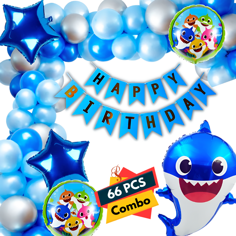 Baby Shark Birthday Party Kit – Charming Card Banner, High-Quality Balloons, and Baby Shark Foil Balloons- (Pack of 66 Pcs)