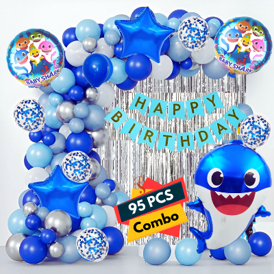 Baby Shark Birthday Decoration Combo Pack - With Card Banner, Foil Backdrop Curtain, HQ Balloons, Deco Kit & More - Full Package (95 Pieces)