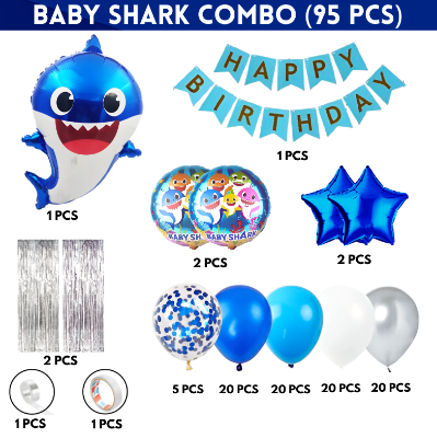 Baby Shark Birthday Decoration Combo Pack - With Card Banner, Foil Backdrop Curtain, HQ Balloons, Deco Kit & More - Full Package (95 Pieces)