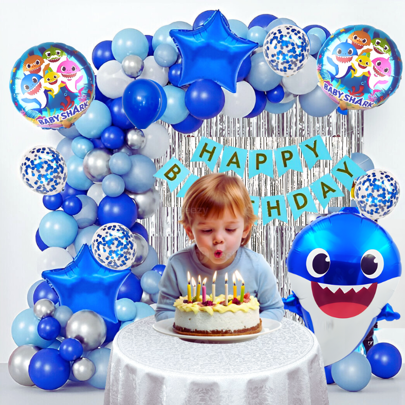 Baby Shark Birthday Decoration Combo Pack - With Card Banner, Foil Backdrop Curtain, HQ Balloons, Deco Kit & More - Full Package (95 Pieces)