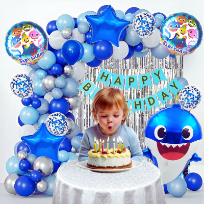 Baby Shark Birthday Decoration Combo Pack - With Card Banner, Foil Backdrop Curtain, HQ Balloons, Deco Kit & More - Full Package (95 Pieces)