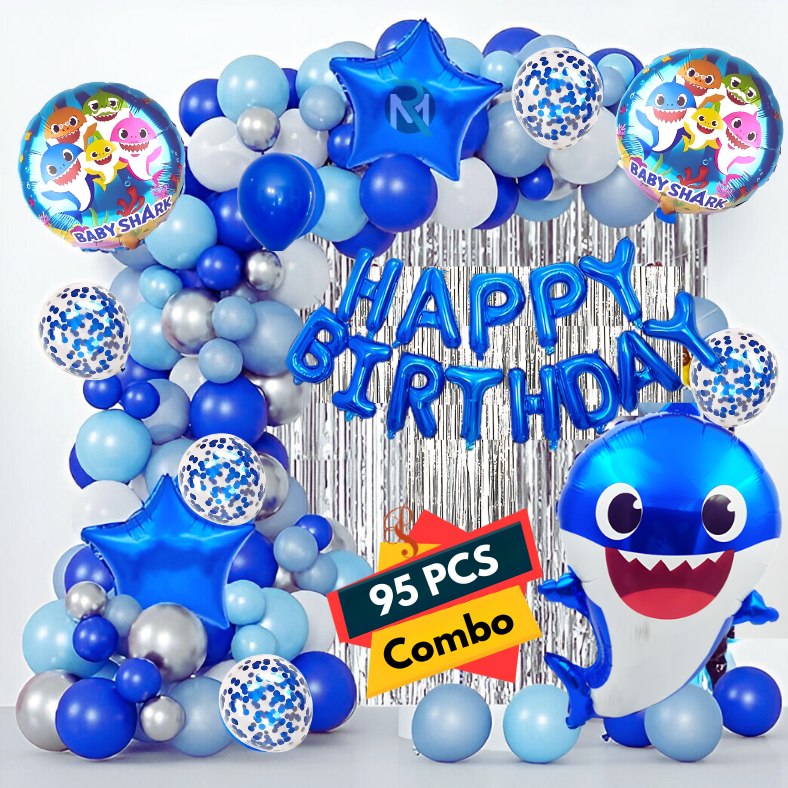 Baby Shark Birthday Decoration Combo Pack - With Foil Banner, Foil Backdrop Curtain, HQ Balloons, Deco Kit & More - Full Package (95 Pieces)