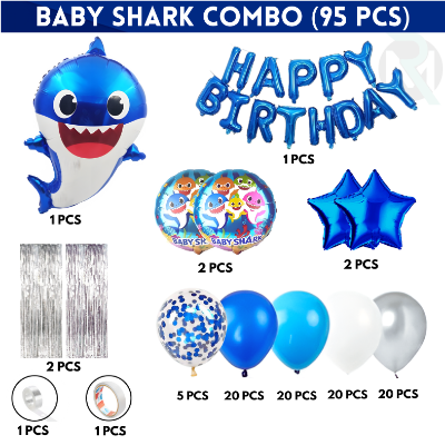 Baby Shark Birthday Decoration Combo Pack - With Foil Banner, Foil Backdrop Curtain, HQ Balloons, Deco Kit & More - Full Package (95 Pieces)