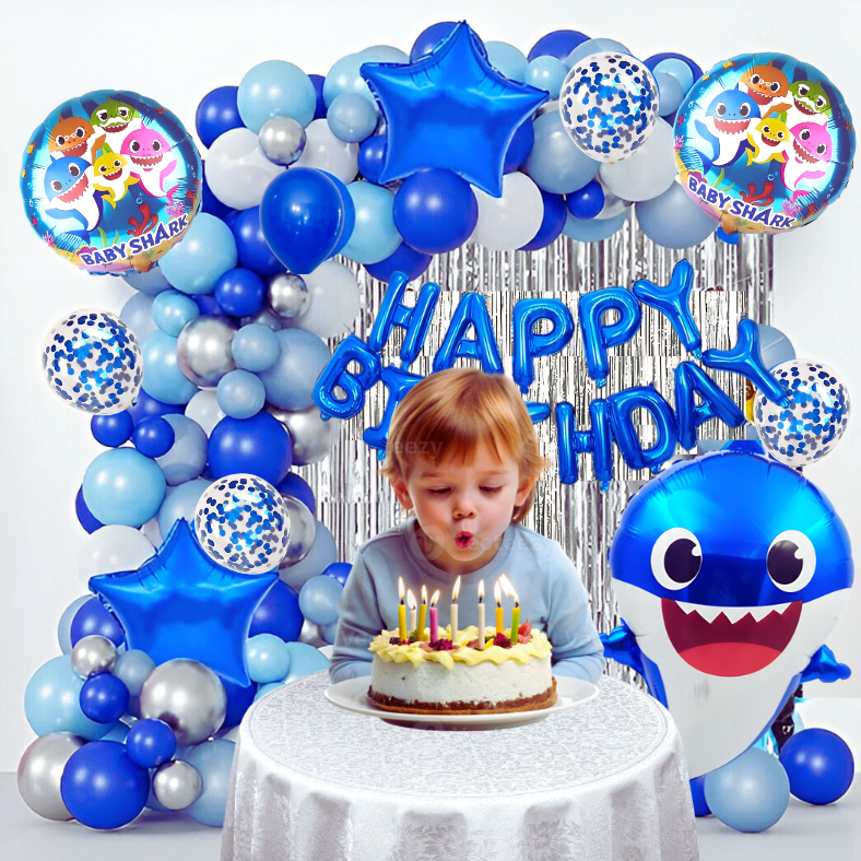 Baby Shark Birthday Decoration Combo Pack - With Foil Banner, Foil Backdrop Curtain, HQ Balloons, Deco Kit & More - Full Package (95 Pieces)