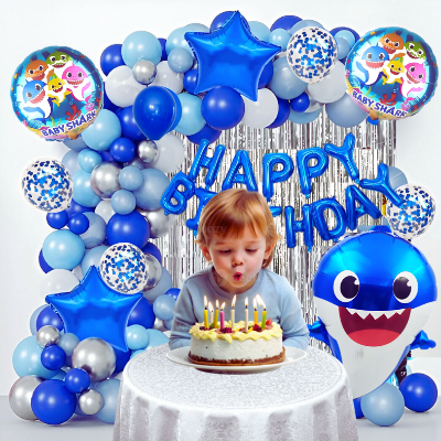 Baby Shark Birthday Decoration Combo Pack - With Foil Banner, Foil Backdrop Curtain, HQ Balloons, Deco Kit & More - Full Package (95 Pieces)