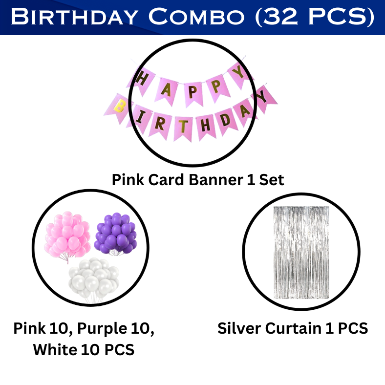 Birthday Decoration Set: Silver Backdrop Curtain, Pink Birthday Banner & Metallic Balloons in Pink, Purple & White – Party Package (32 Pcs)