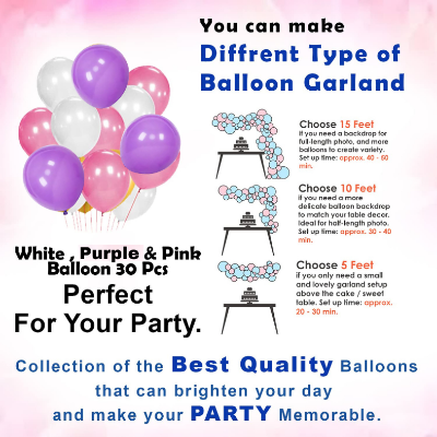 Birthday Decoration Set: Silver Backdrop Curtain, Pink Birthday Banner & Metallic Balloons in Pink, Purple & White – Party Package (32 Pcs)