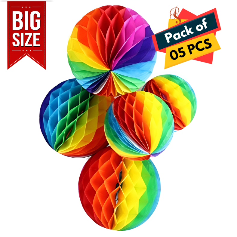 Rainbow Party Decoration Honeycomb Balls - Perfect for Birthdays, Anniversaries, Baby Showers, and Events - (Set of 5 Pcs)