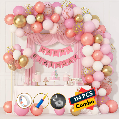 Rose Gold Themed Birthday Party Combo – Banners, Balloons, Arch Tools & Full Decoration Package (114 Pcs)