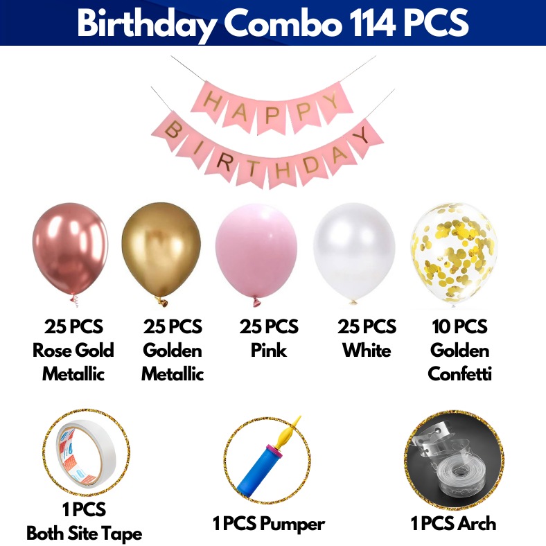 Rose Gold Themed Birthday Party Combo – Banners, Balloons, Arch Tools & Full Decoration Package (114 Pcs)