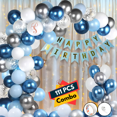 Complete Birthday Party Decoration Set – Metallic Balloons, Net Curtain, Blue Banner, Golden Fairy Lights & Arch Tools (111 Pcs)