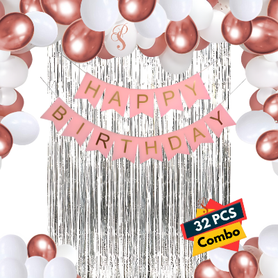Rose Gold & White Birthday Decoration Kit – Metallic Balloons, Silver Foil Curtain & Pink Banner (32 Pcs)