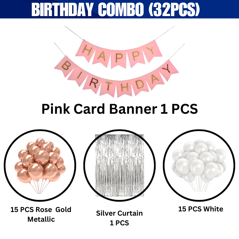 Rose Gold & White Birthday Decoration Kit – Metallic Balloons, Silver Foil Curtain & Pink Banner (32 Pcs)