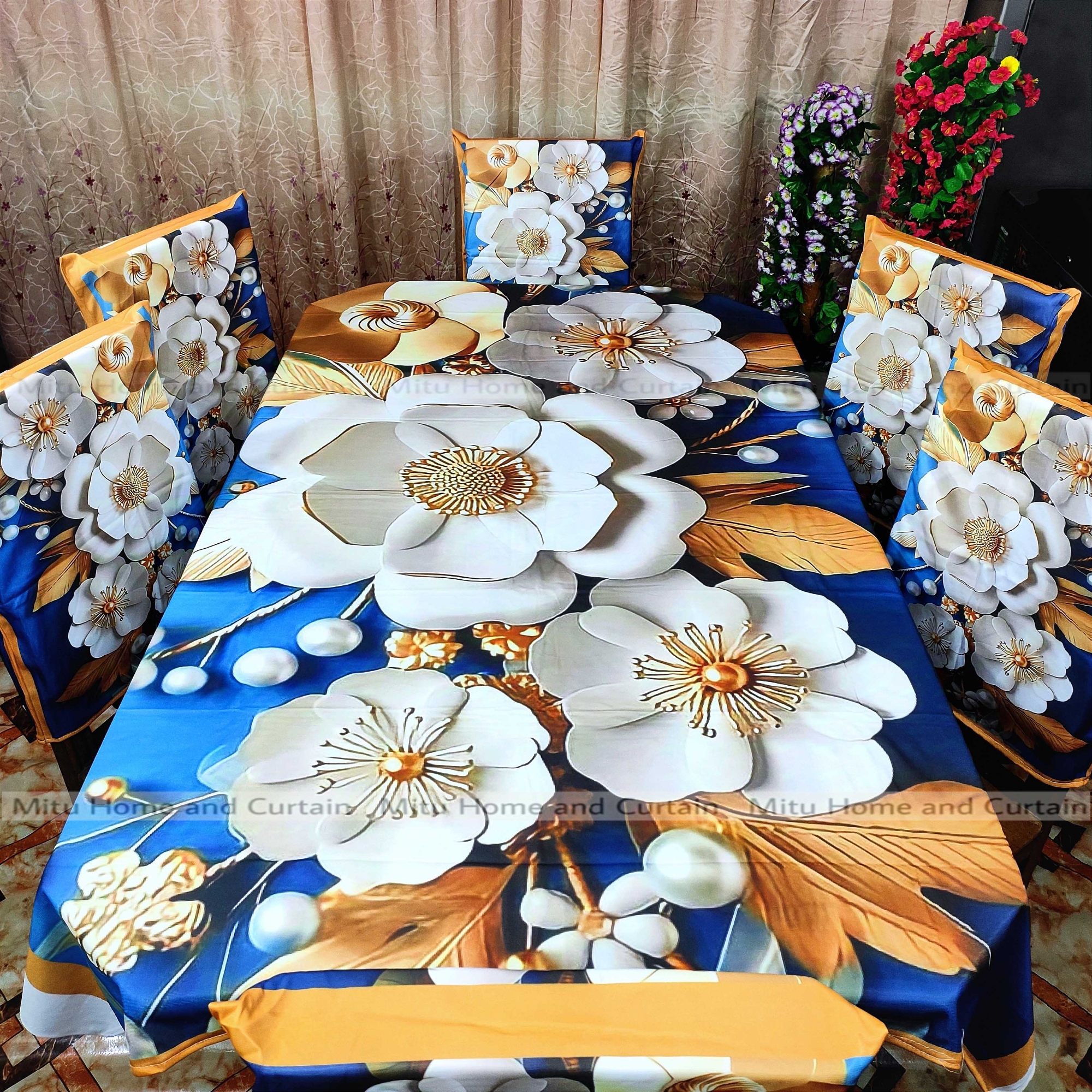 Buy Table Cover 3D print Dining Table Cover Digital new Table cover with 6pc matching chair cover full 7 pcs set Blue , Pink , Golden , White at Best Price In Bangladesh