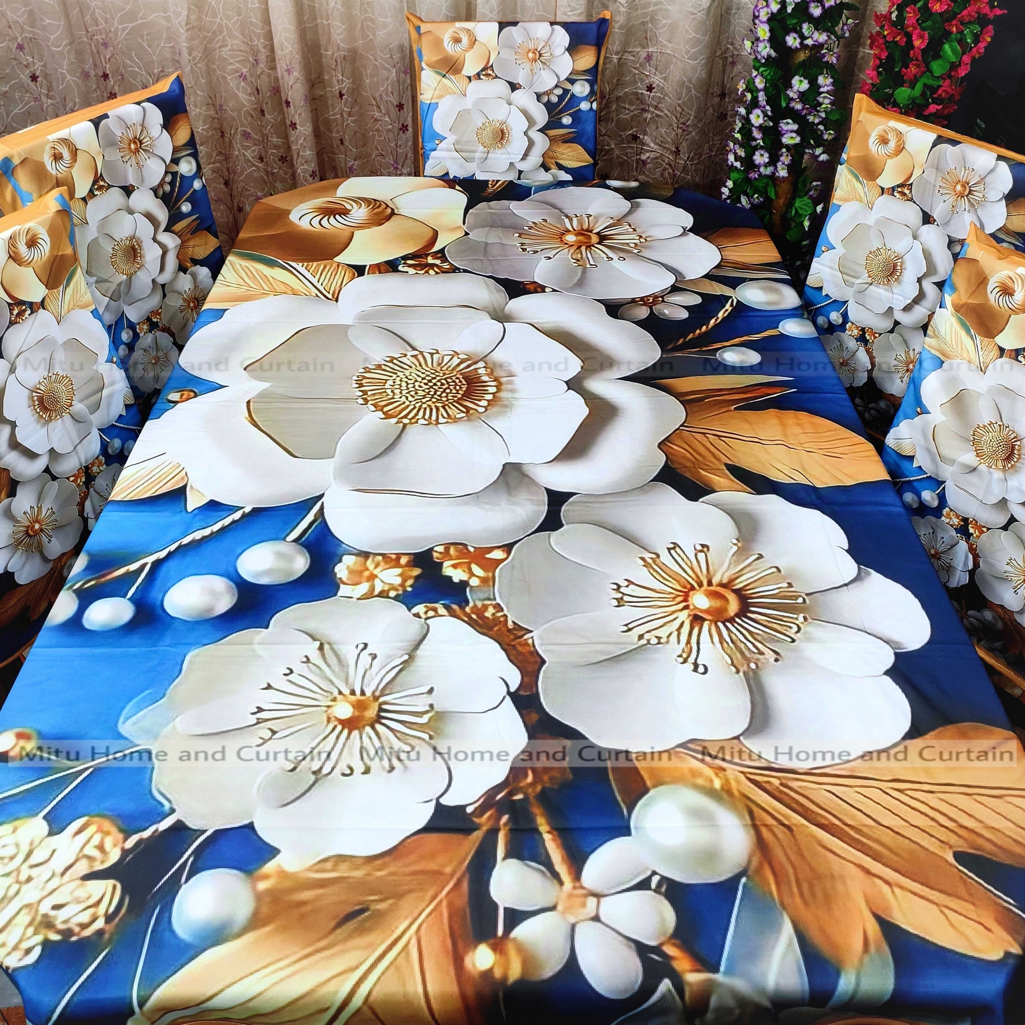 Buy Table Cover 3D print Dining Table Cover Digital new Table cover with 6pc matching chair cover full 7 pcs set Blue , Pink , Golden , White at Best Price In Bangladesh