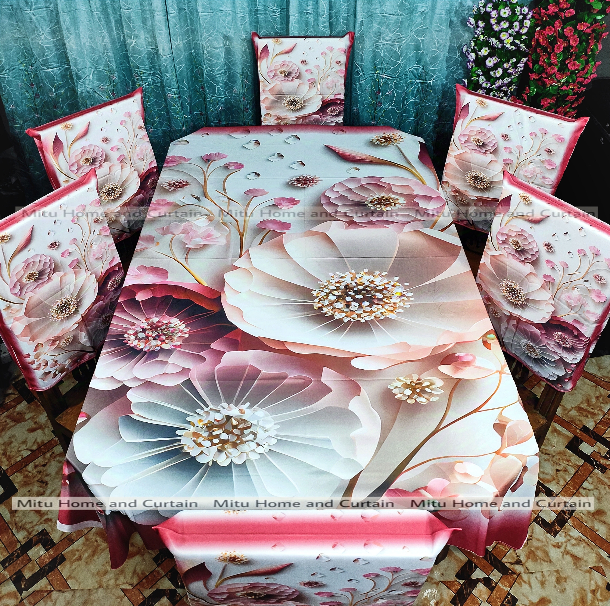 Buy Table Cover 3D print Dining Table Cover Digital new Table cover with 6pc matching chair cover full 7 pcs set Blue , Pink , Golden , White at Best Price In Bangladesh
