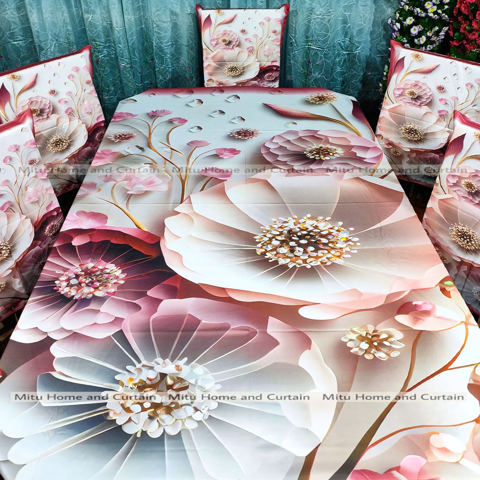 Buy Table Cover 3D print Dining Table Cover Digital new Table cover with 6pc matching chair cover full 7 pcs set Blue , Pink , Golden , White at Best Price In Bangladesh