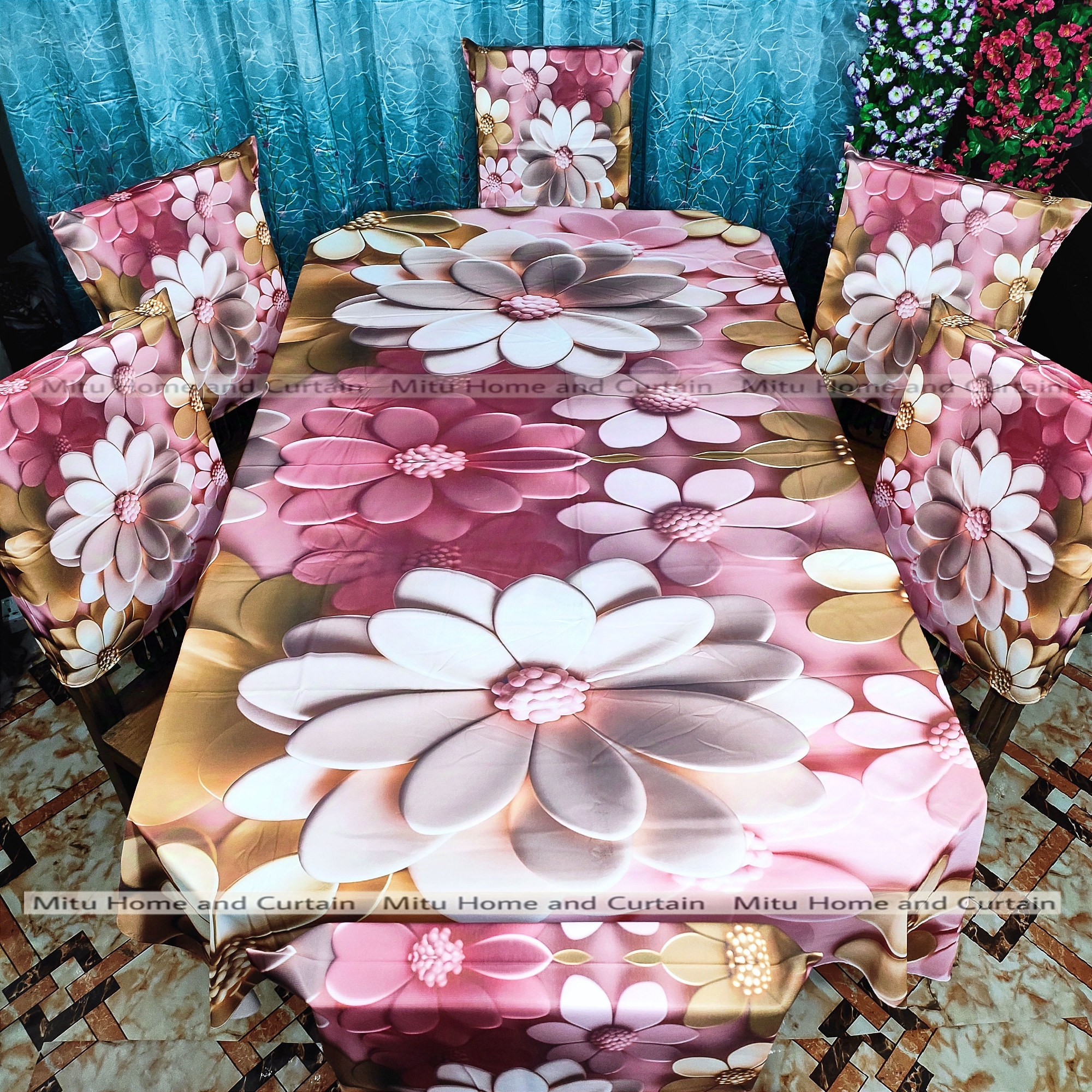 Buy Table Cover 3D print Dining Table Cover Digital new Table cover with 6pc matching chair cover full 7 pcs set Blue , Pink , Golden , White at Best Price In Bangladesh