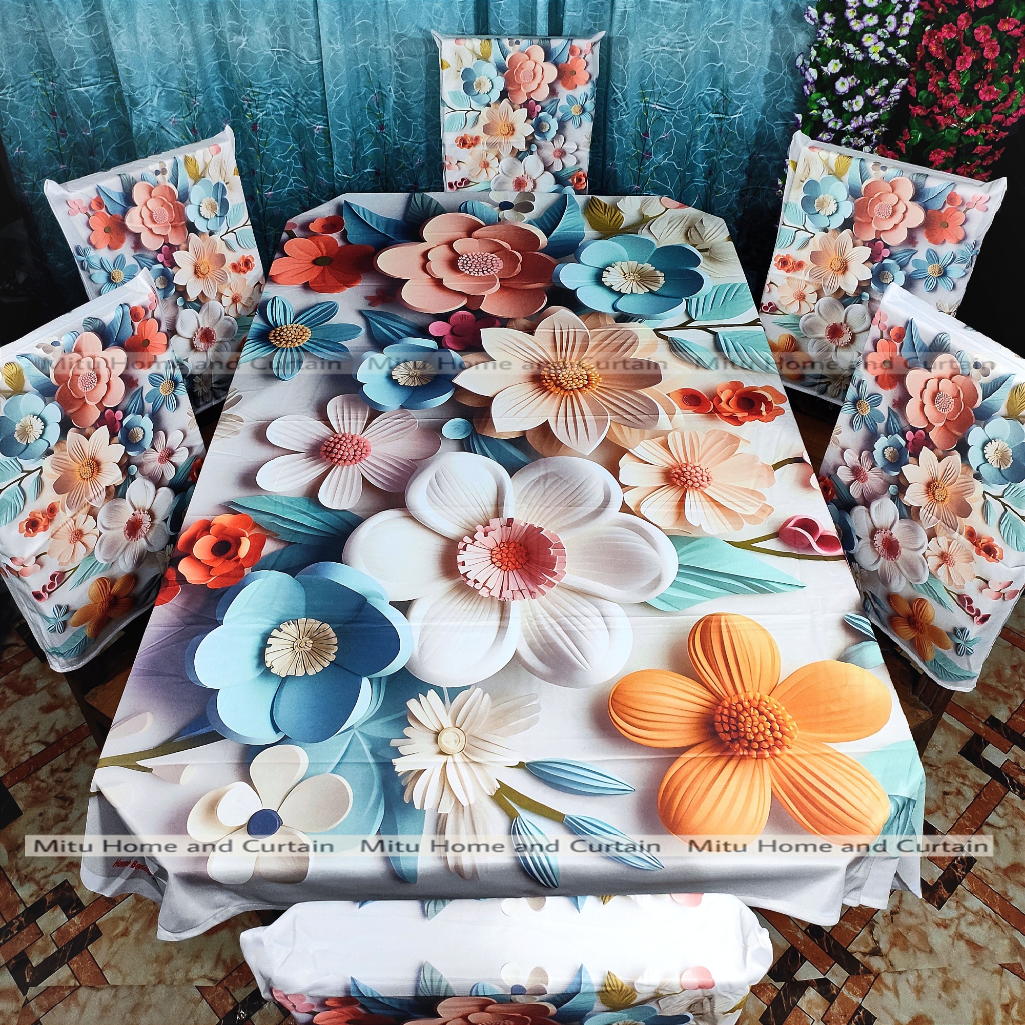 Buy Table Cover 3D print Dining Table Cover Digital new Table cover with 6pc matching chair cover full 7 pcs set Blue , Pink , Golden , White at Best Price In Bangladesh