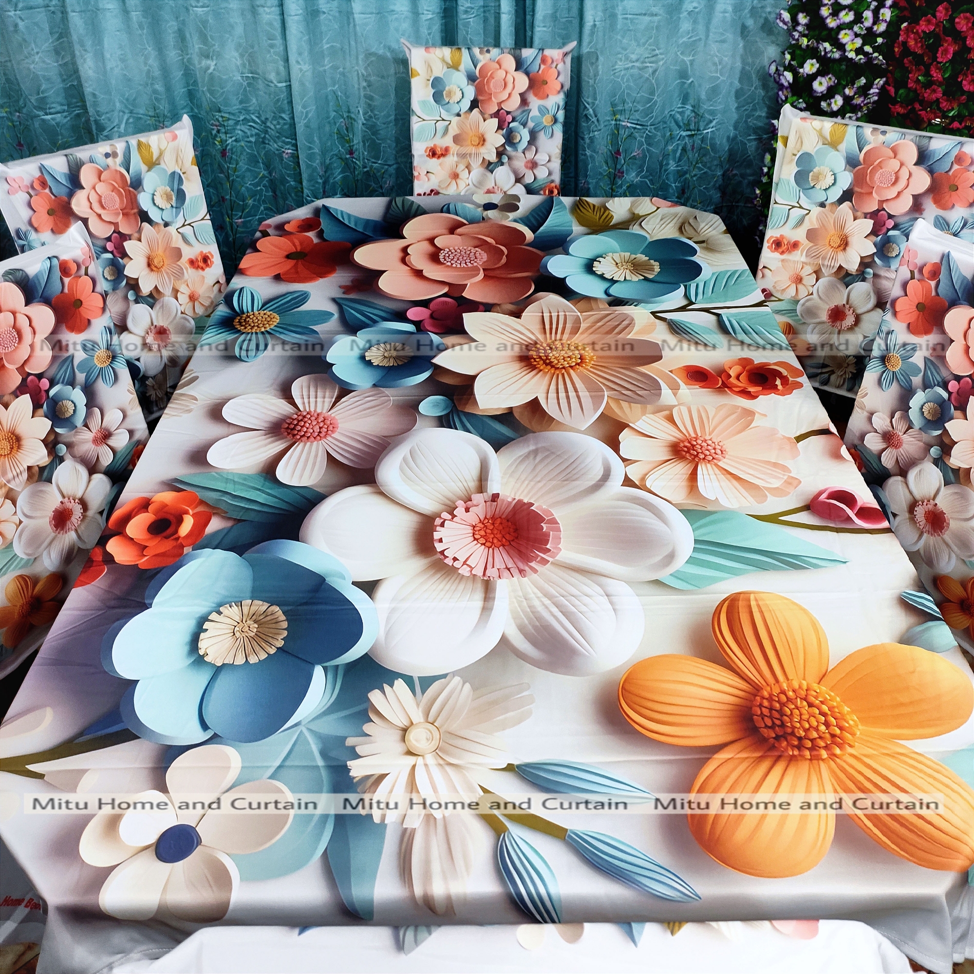 Buy Table Cover 3D print Dining Table Cover Digital new Table cover with 6pc matching chair cover full 7 pcs set Blue , Pink , Golden , White at Best Price In Bangladesh