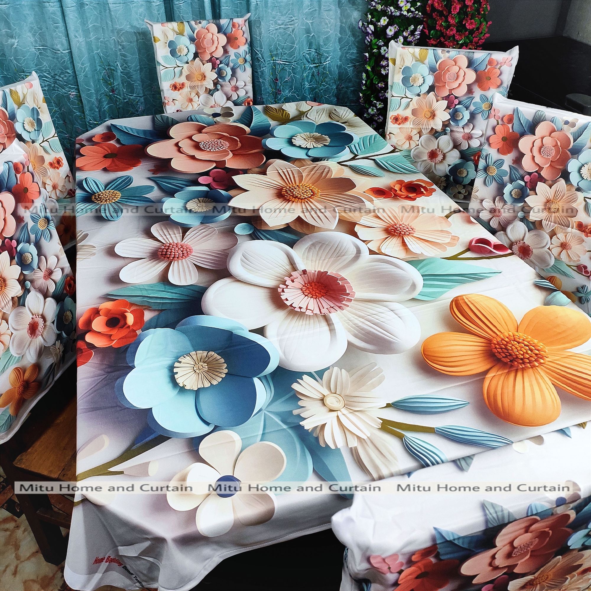 Buy Table Cover 3D print Dining Table Cover Digital new Table cover with 6pc matching chair cover full 7 pcs set Blue , Pink , Golden , White at Best Price In Bangladesh