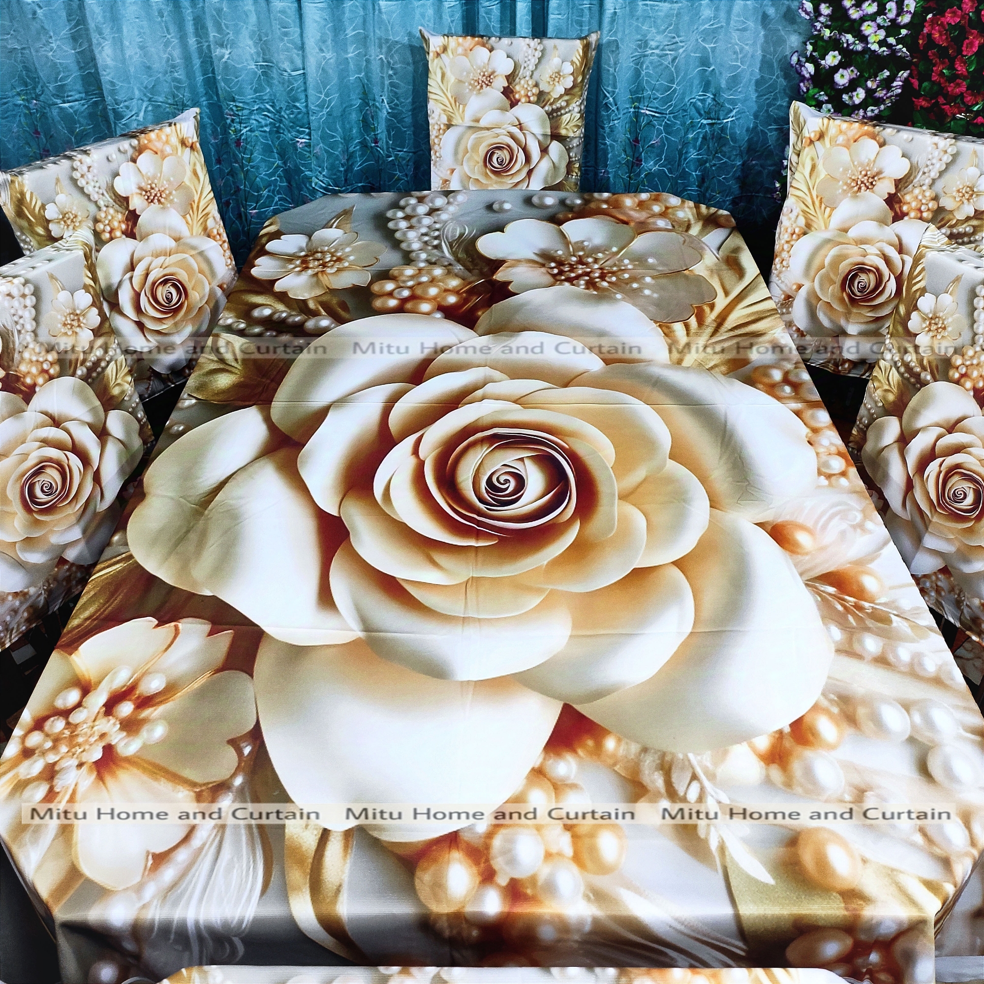Buy Table Cover 3D print Dining Table Cover Digital new Table cover with 6pc matching chair cover full 7 pcs set Blue , Pink , Golden , White at Best Price In Bangladesh