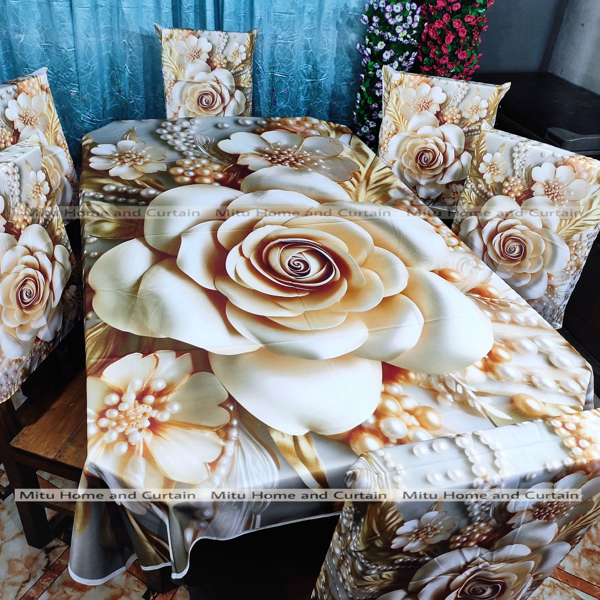 Buy Table Cover 3D print Dining Table Cover Digital new Table cover with 6pc matching chair cover full 7 pcs set Blue , Pink , Golden , White at Best Price In Bangladesh