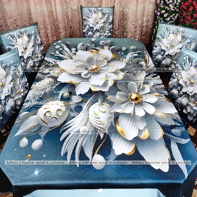 Buy Table Cover 3D print Dining Table Cover Digital new Table cover with 6pc matching chair cover full 7 pcs set Blue , Pink , Golden , White at Best Price In Bangladesh