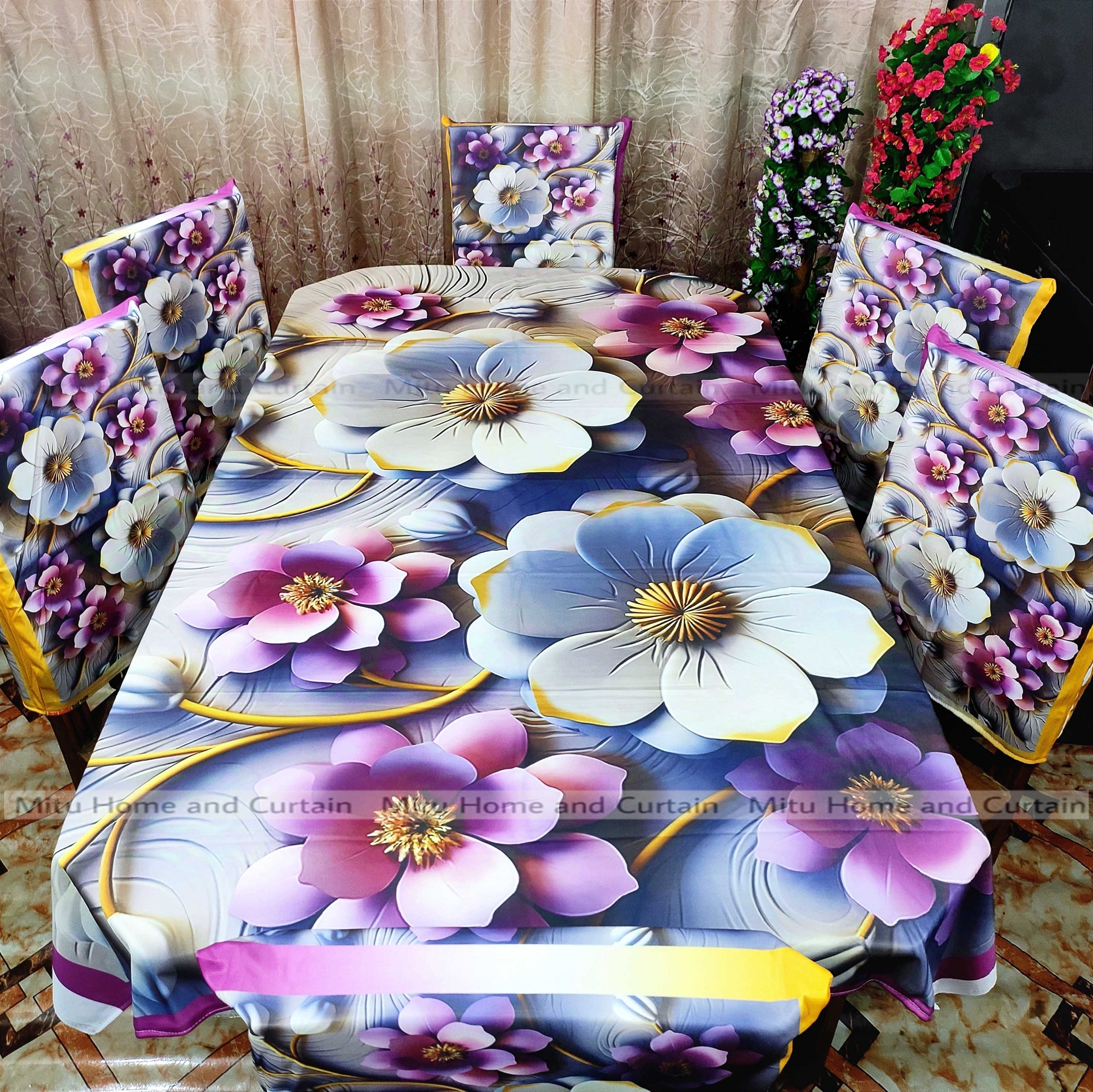 Buy Table Cover 3D print Dining Table Cover Digital new Table cover with 6pc matching chair cover full 7 pcs set Blue , Pink , Golden , White at Best Price In Bangladesh