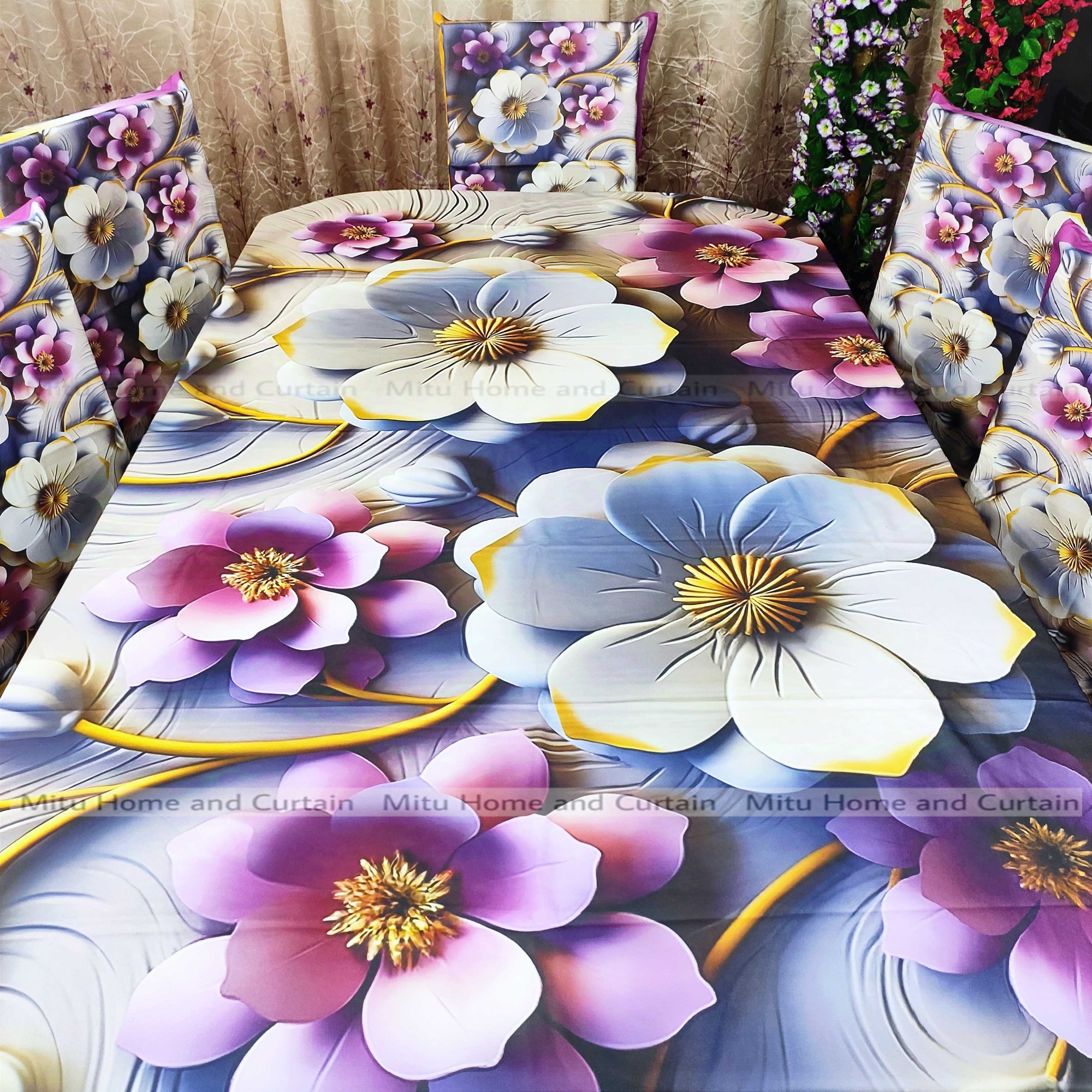 Buy Table Cover 3D print Dining Table Cover Digital new Table cover with 6pc matching chair cover full 7 pcs set Blue , Pink , Golden , White at Best Price In Bangladesh