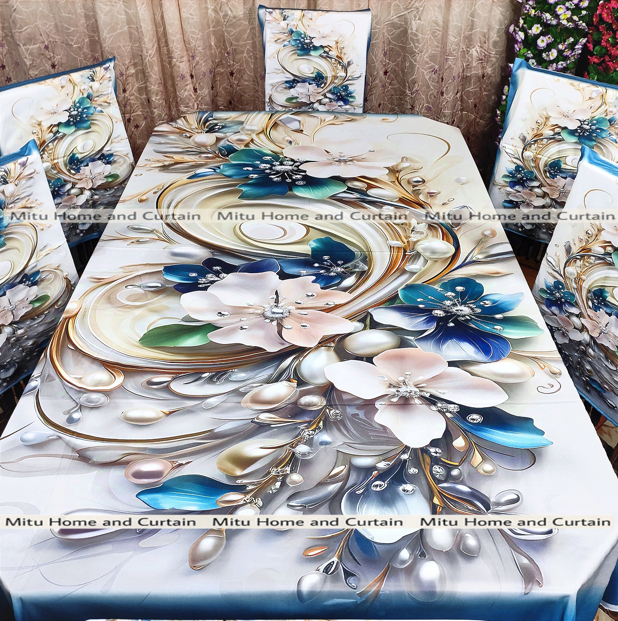 Buy Table Cover 3D print Dining Table Cover Digital new Table cover with 6pc matching chair cover full 7 pcs set Blue , Pink , Golden , White at Best Price In Bangladesh