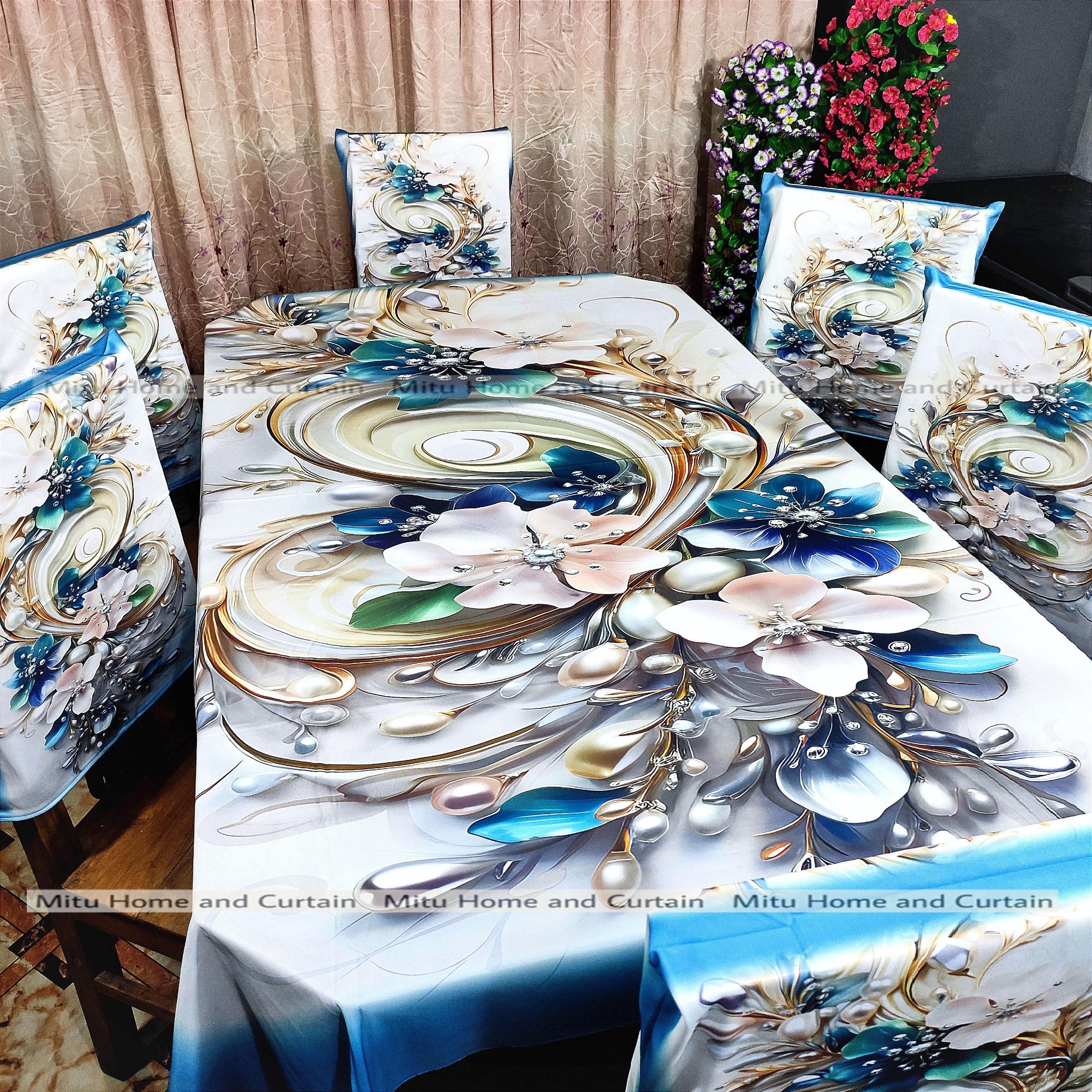 Buy Table Cover 3D print Dining Table Cover Digital new Table cover with 6pc matching chair cover full 7 pcs set Blue , Pink , Golden , White at Best Price In Bangladesh