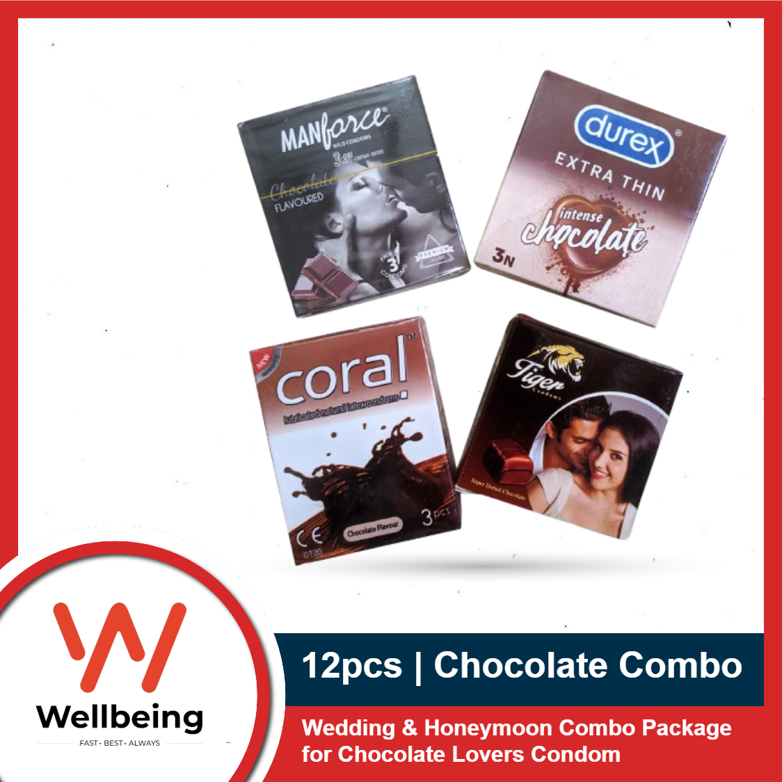 Picture of Wedding & Honeymoon Combo Package for Chocolate Lovers - Durex Extra Thin, Manforce Dotted, Coral & Tiger Dotted Chocolate Flavor Condom - 4 Pack Combo - 12pcs Condom - Condom