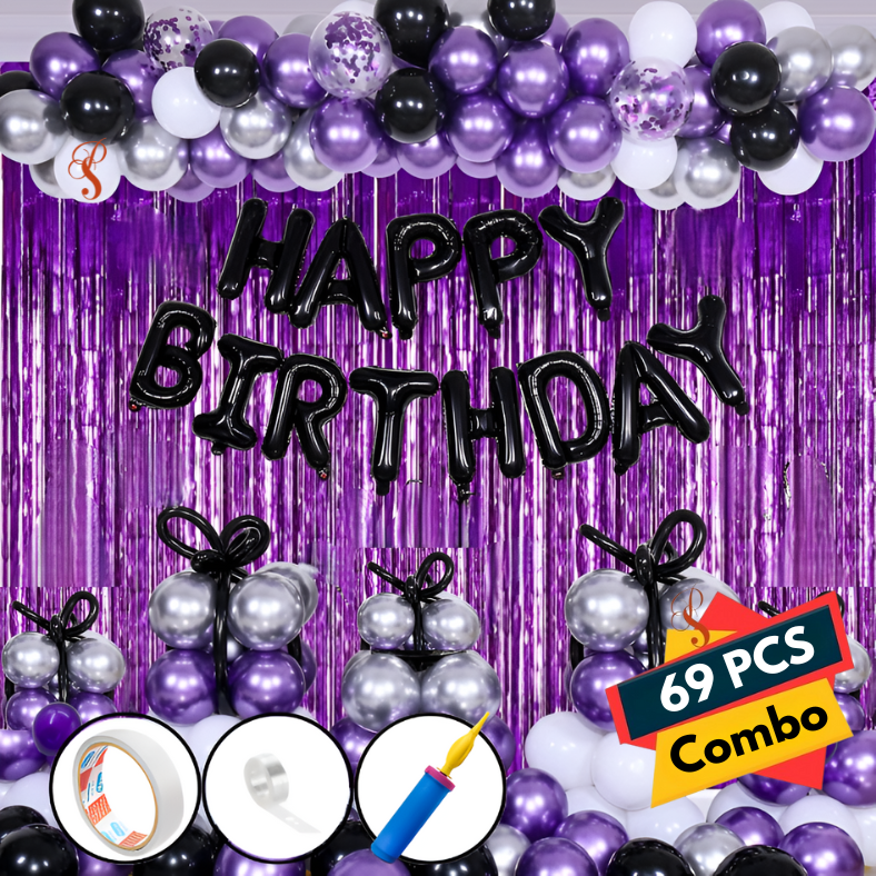 Deluxe Purple Birthday Celebration Kit: Banners, Curtains, Metallic Balloons, Pumper, Arch with Both Site Tape - Ultimate Decor - (Pack of 69 Pcs)