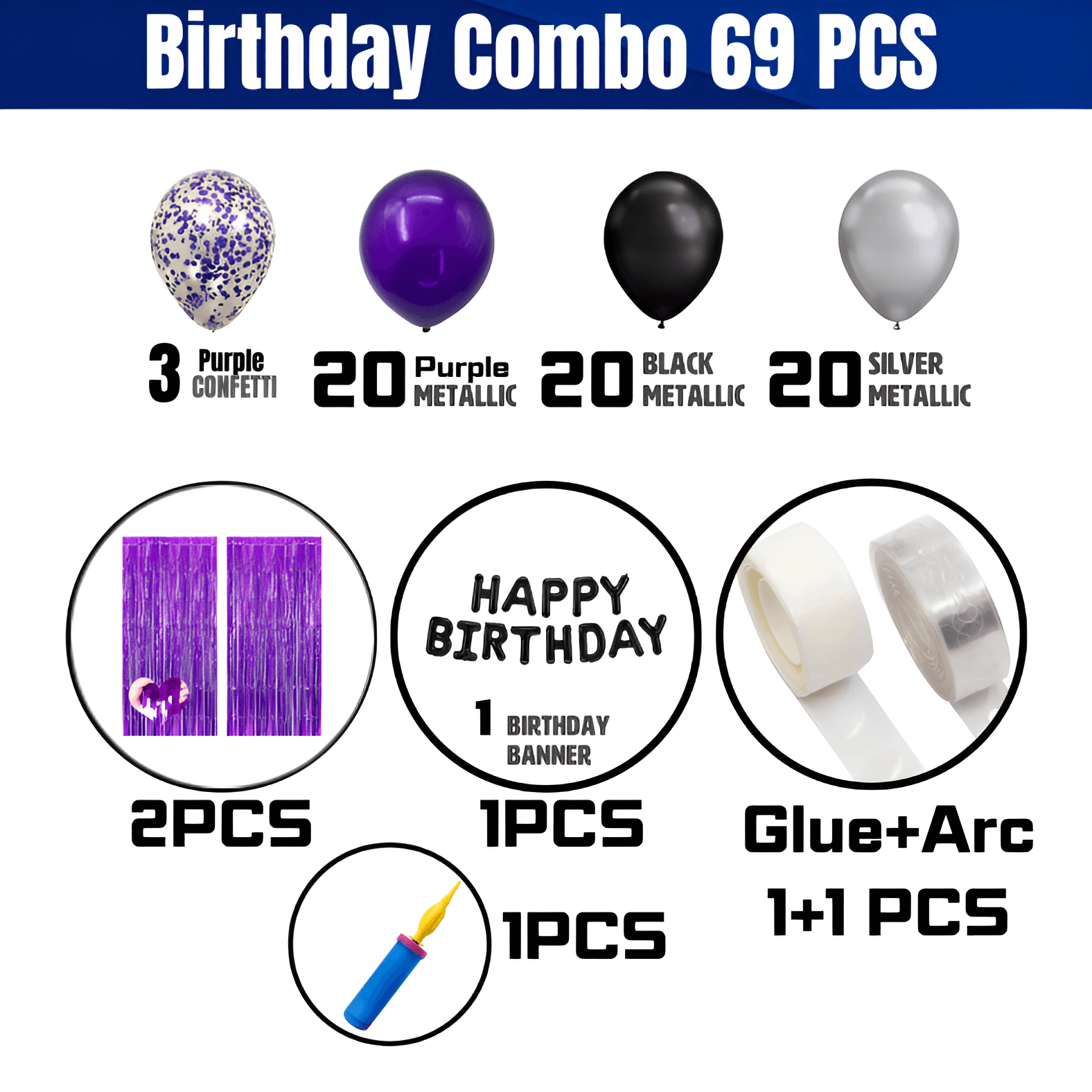 Deluxe Purple Birthday Celebration Kit: Banners, Curtains, Metallic Balloons, Pumper, Arch with Both Site Tape - Ultimate Decor - (Pack of 69 Pcs)