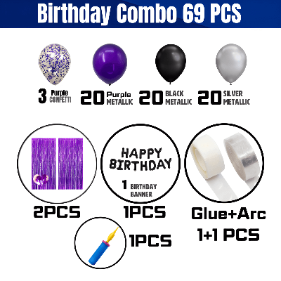 Deluxe Purple Birthday Celebration Kit: Banners, Curtains, Metallic Balloons, Pumper, Arch with Both Site Tape - Ultimate Decor - (Pack of 69 Pcs)