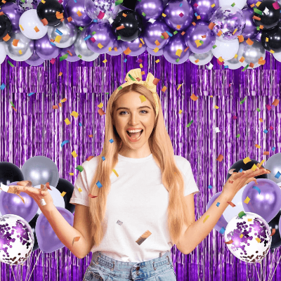 Deluxe Purple Birthday Celebration Kit: Banners, Curtains, Metallic Balloons, Pumper, Arch with Both Site Tape - Ultimate Decor - (Pack of 69 Pcs)
