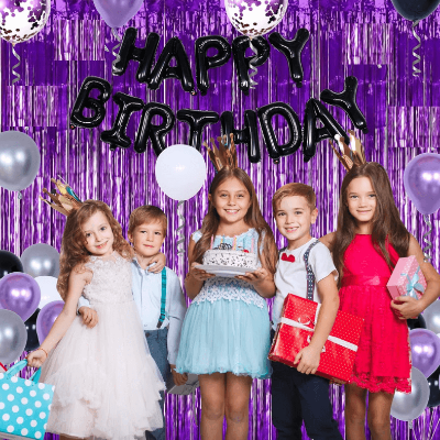 Deluxe Purple Birthday Celebration Kit: Banners, Curtains, Metallic Balloons, Pumper, Arch with Both Site Tape - Ultimate Decor - (Pack of 69 Pcs)