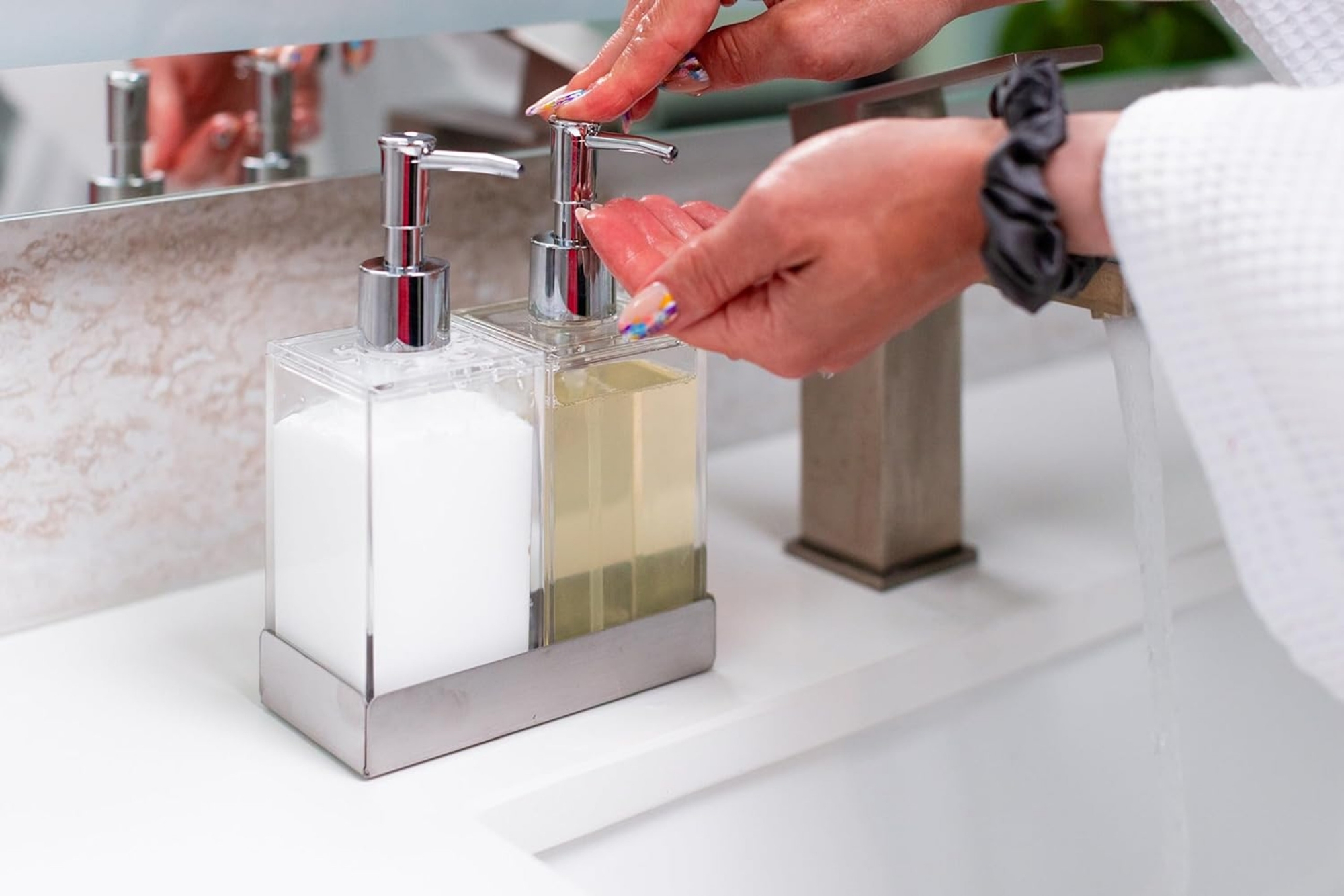 Buy Acrylic Twin Liquid Soap and Lotion Dispenser in Stainless Steel Tray Brand: Huang Acrylic    at Best Price In Bangladesh