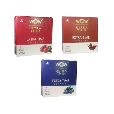 Picture of WOWCondom 3 Pack Combo Ultra Thin Extra Time Cranberry, Chocolate, Blue Berry Flavor Condom for Men | India | Wedding, Honeymoon, Valentine Couple Combo Pack