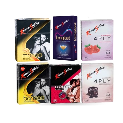 Picture of Kamasutra Mix Combo Pack Condom for Men Women - Kamasutra Dotted, Longlast, Banana, Mango, 4PLY Strawberry, Chocolate Flavored Condom | 3pcs x6 Pack Combo | Wedding, Honeymoon, Valentine Couple Combo Pack | India