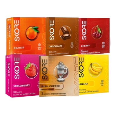 Picture of Skore Condom Mix Combo 3pcs x 6 Pack | 1500+ Dots Banana, Chocolate, Cherry, Orange, Strawberry, Irish Coffee Flavor Condom for Men Women | Wedding, Honeymoon, Valentine Couple Combo Pack | India