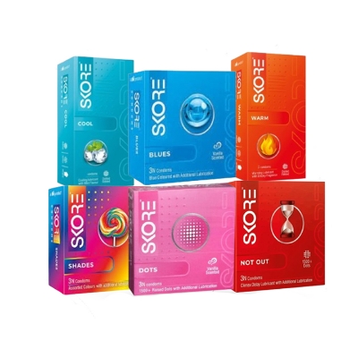Picture of Skore Condom Mix Combo 3pcs x 6 Pack | 1500+ Dots Not Out, Shades, Blues, Warm, Cool, Dots Condom for Men Women | Wedding, Honeymoon, Valentine Couple Combo Pack | India