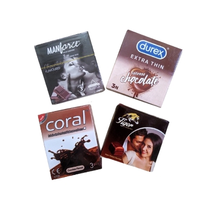 Picture of Durex Extra Thin, Manforce Dotted, Coral & Tiger Dotted Chocolate Flavor Condom - 4 Pack Combo - 12pcs Condom | Wedding & Honeymoon Combo Package for Chocolate Lovers