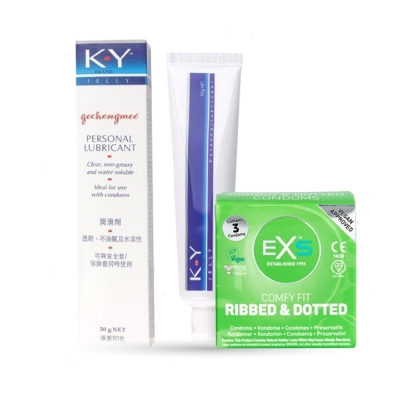 Picture of KY Jelly Personal Lubricant 50gm & 3pcs Pack EXS Comfy Fit Ribbed & Dotted Condom for Men | Wedding, Honeymoon, Valentine Couple Combo Pack