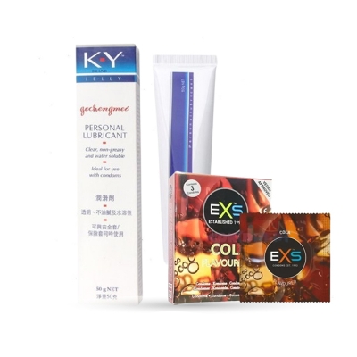 Picture of KY Jelly Personal Lubricant 50gm & 3pcs Pack EXS Cola Flavor Condoms for Men | Wedding, Honeymoon, Valentine Couple Combo Pack