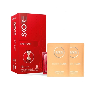 Picture of SKORE NOT OUT Climax Delay With Raised Dots Condom 10pcs Pack & EXS Peach Flavored Water Based Lubricant 5ml 2 Pack | Wedding, Honeymoon, Valentine Couple Combo Pack