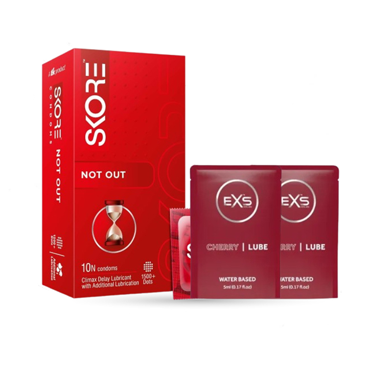 Picture of SKORE NOT OUT Climax Delay With Raised Dots Condom 10pcs Pack & EXS CHERRY Flavored Water Based Lubricant 5ml 2 Pack | Wedding, Honeymoon, Valentine Couple Combo Pack